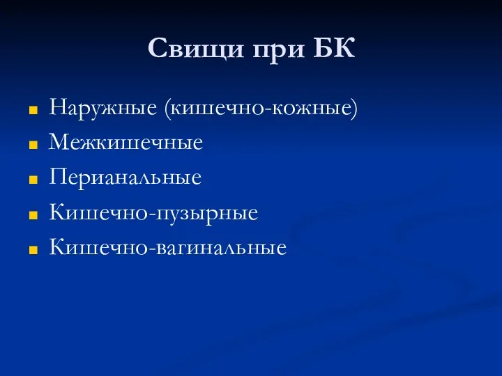 Свищи при БК Наружные (кишечно-кожные) Межкишечные Перианальные Кишечно-пузырные Кишечно-вагинальные