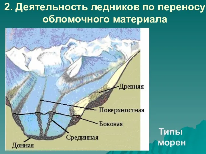 2. Деятельность ледников по переносу обломочного материала Типы морен