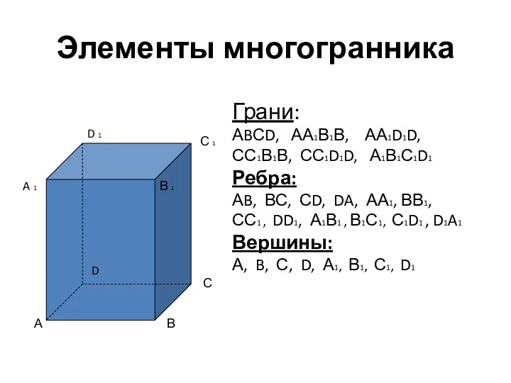 Элементы многогранника В 1 А В С Грани: АBСD, АА1В1В,