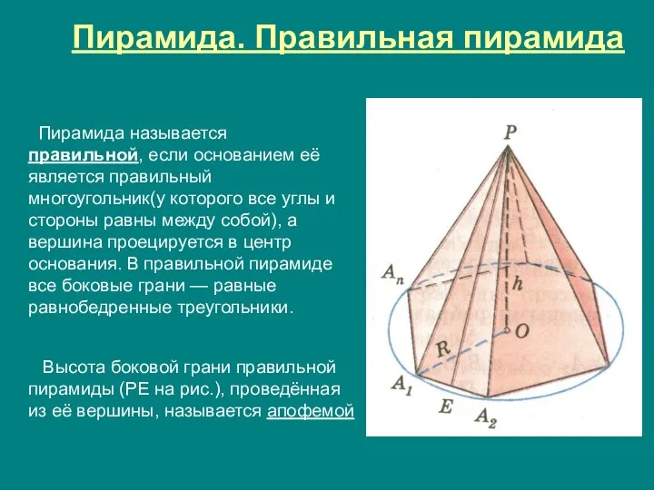 Пирамида. Правильная пирамида Пирамида называется правильной, если основанием её является