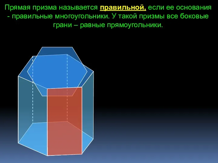 Прямая призма называется правильной, если ее основания - правильные многоугольники.