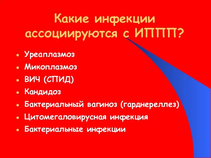 Какие инфекции ассоциируются с ИППП? Уреаплазмоз Микоплазмоз ВИЧ (СПИД) Кандидоз