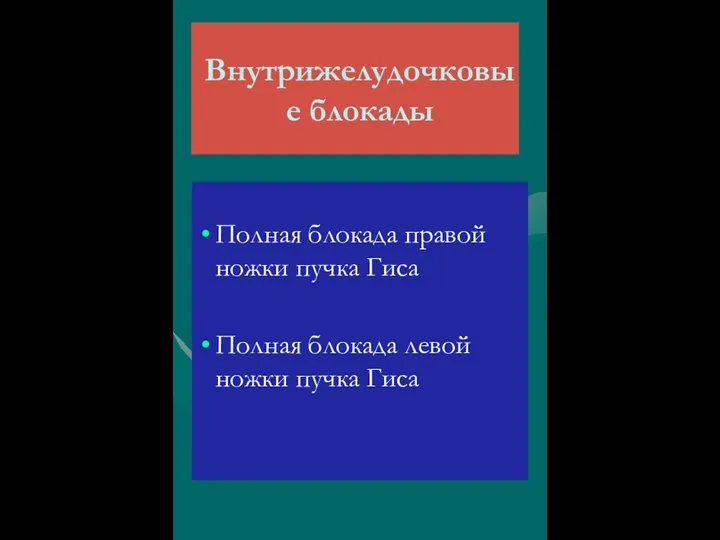 Внутрижелудочковые блокады Полная блокада правой ножки пучка Гиса Полная блокада левой ножки пучка Гиса