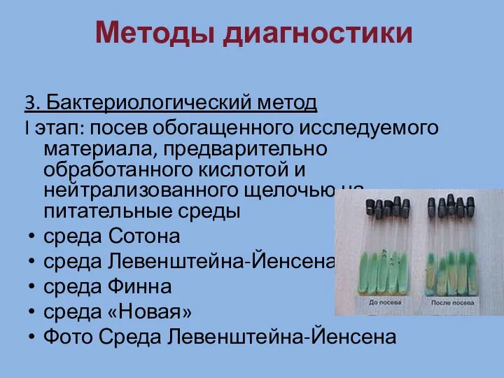 Методы диагностики 3. Бактериологический метод I этап: посев обогащенного исследуемого материала, предварительно обработанного