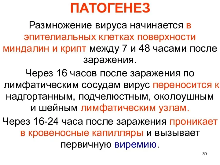 ПАТОГЕНЕЗ Размножение вируса начинается в эпителиальных клетках поверхности миндалин и