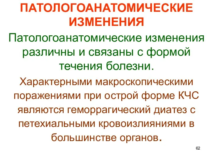 ПАТОЛОГОАНАТОМИЧЕСКИЕ ИЗМЕНЕНИЯ Патологоанатомические изменения различны и связаны с формой течения