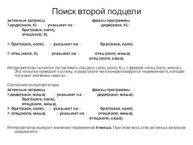 Поиск второй подцели активные запросы фразы программы ?-дядя(вася, X). -