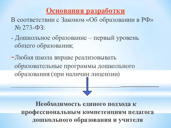 Основания разработки В соответствии с Законом «Об образовании в РФ»