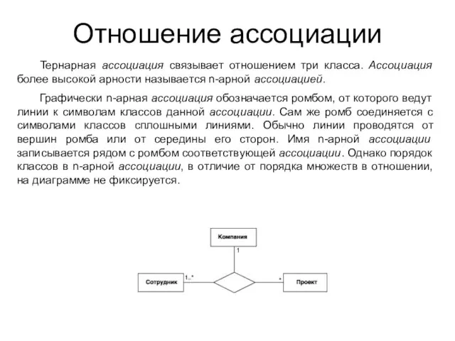 Отношение ассоциации Тернарная ассоциация связывает отношением три класса. Ассоциация более