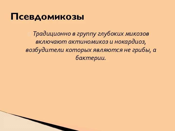 Традиционно в группу глубоких микозов включают актиномикоз и нокардиоз, возбудители