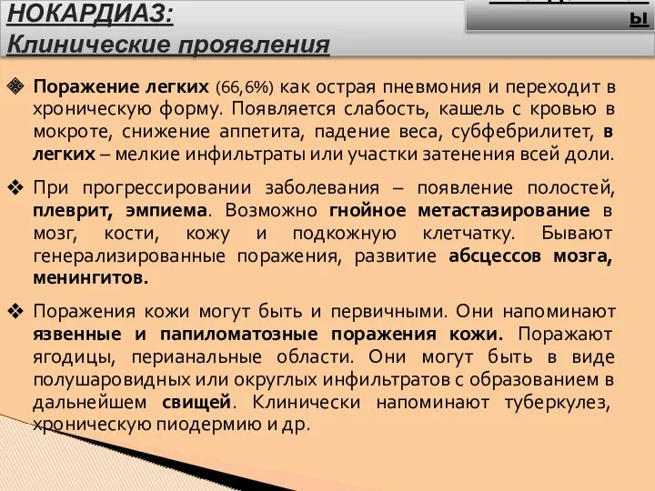 НОКАРДИАЗ: Клинические проявления Поражение легких (66,6%) как острая пневмония и переходит в хроническую