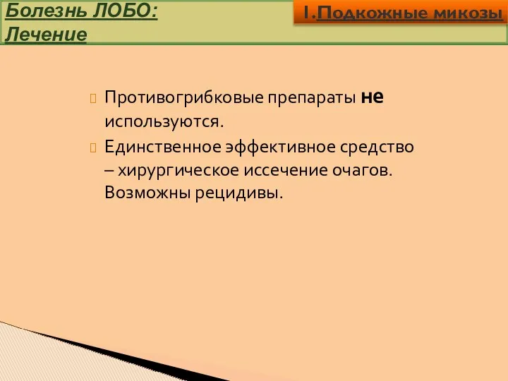 Болезнь ЛОБО: Лечение Противогрибковые препараты не используются. Единственное эффективное средство