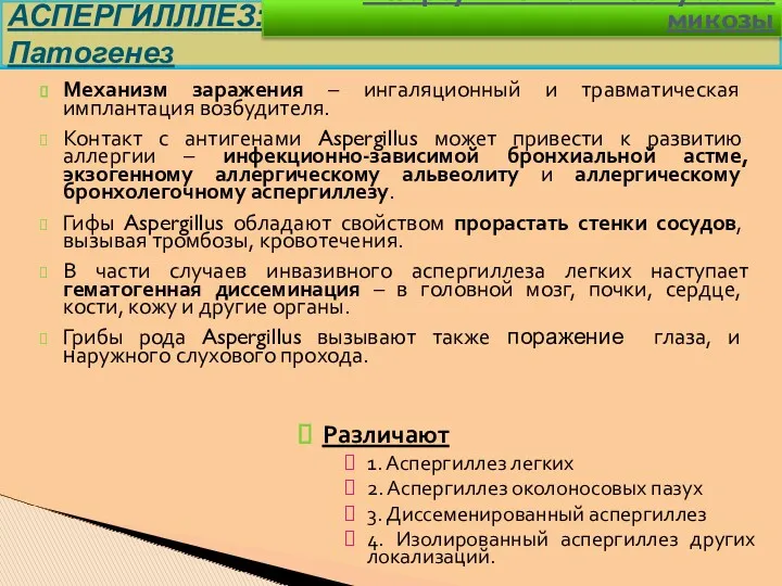 Механизм заражения – ингаляционный и травматическая имплантация возбудителя. Контакт с