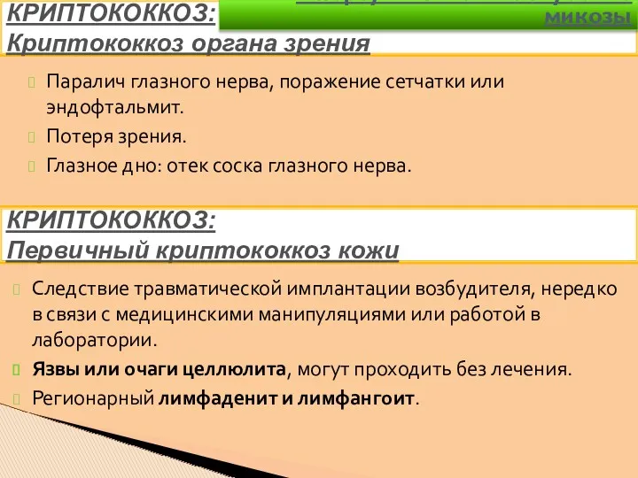 Паралич глазного нерва, поражение сетчатки или эндофтальмит. Потеря зрения. Глазное дно: отек соска