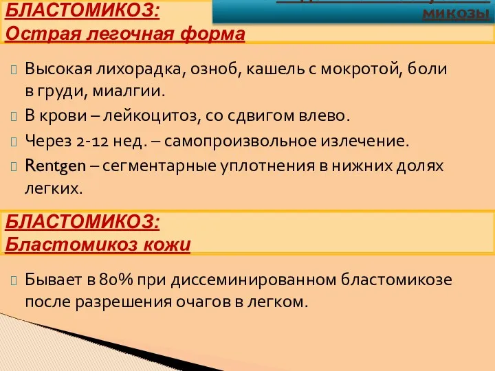 Высокая лихорадка, озноб, кашель с мокротой, боли в груди, миалгии.