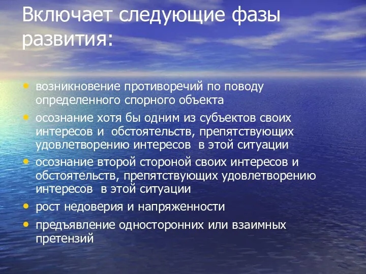 Включает следующие фазы развития: возникновение противоречий по поводу определенного спорного