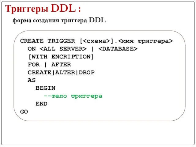 форма создания триггера DDL CREATE TRIGGER [ ]. ON |