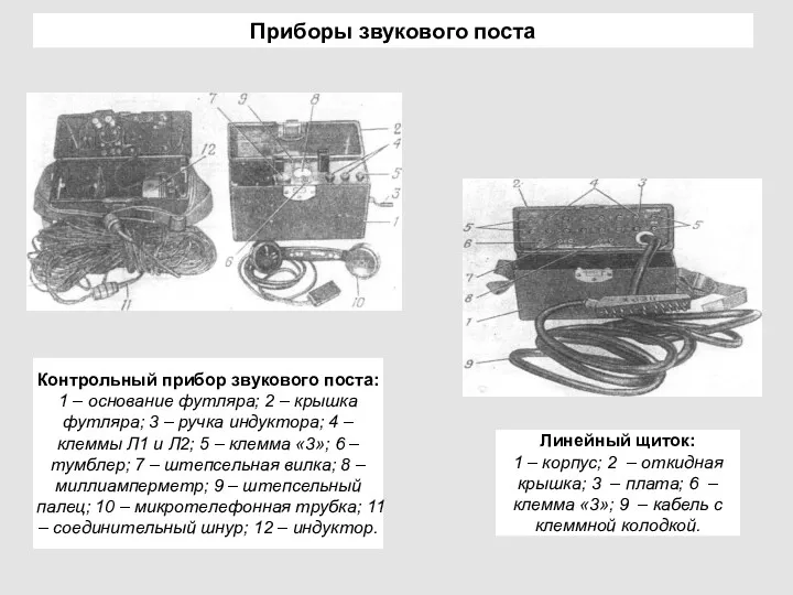 Приборы звукового поста Контрольный прибор звукового поста: 1 – основание