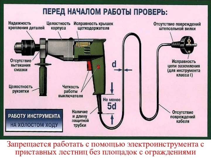 Запрещается работать с помощью электроинструмента с приставных лестниц без площадок с ограждениями