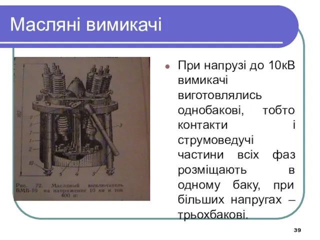 Масляні вимикачі При напрузі до 10кВ вимикачі виготовлялись однобакові, тобто