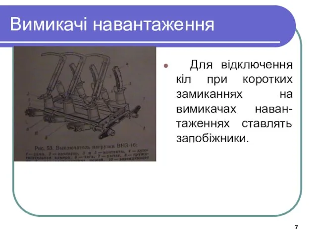 Вимикачі навантаження Для відключення кіл при коротких замиканнях на вимикачах наван-таженнях ставлять запобіжники.