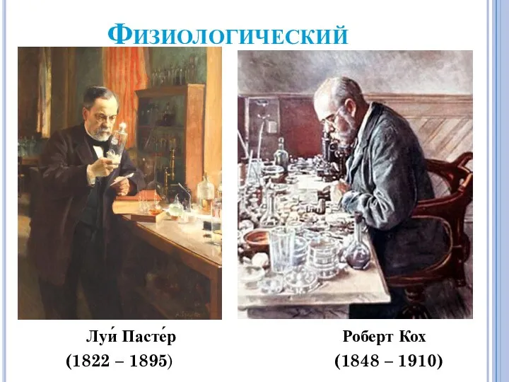 Физиологический Луи́ Пасте́р Роберт Кох (1822 – 1895) (1848 – 1910)