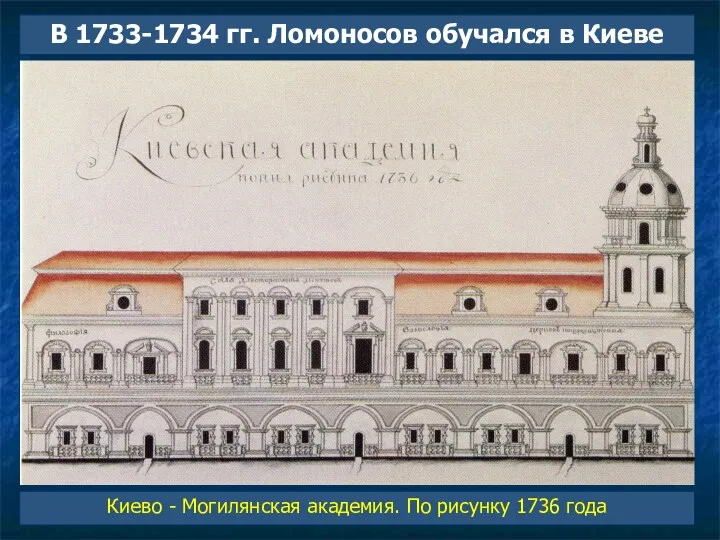 В 1733-1734 гг. Ломоносов обучался в Киеве Киево - Могилянская академия. По рисунку 1736 года