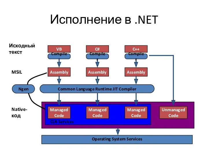 Исполнение в .NET CLR VB Исходный текст Compiler C++ C#