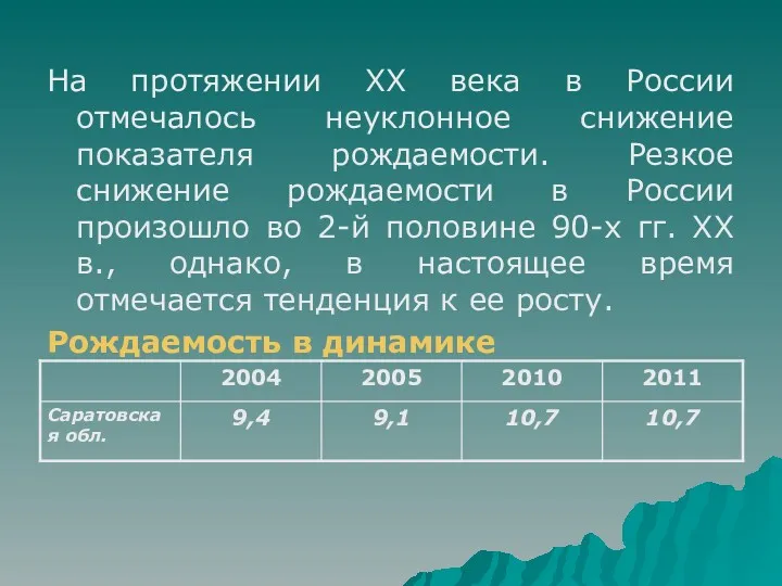 На протяжении XX века в России отмечалось неуклонное снижение показателя рождаемости. Резкое снижение