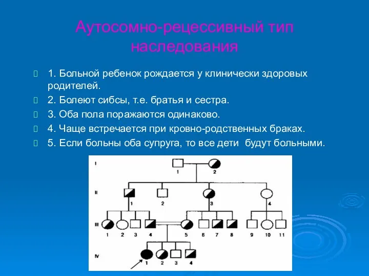 Аутосомно-рецессивный тип наследования 1. Больной ребенок рождается у клинически здоровых