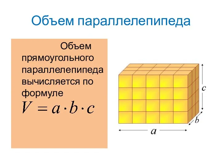 Объем параллелепипеда Объем прямоугольного параллелепипеда вычисляется по формуле