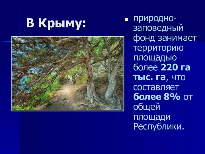 В Крыму: природно-заповедный фонд занимает территорию площадью более 220 га тыс. га, что