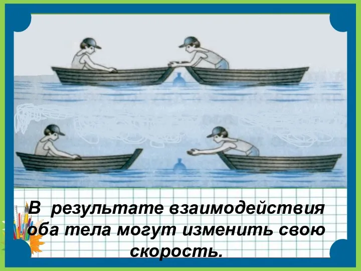 В результате взаимодействия оба тела могут изменить свою скорость.