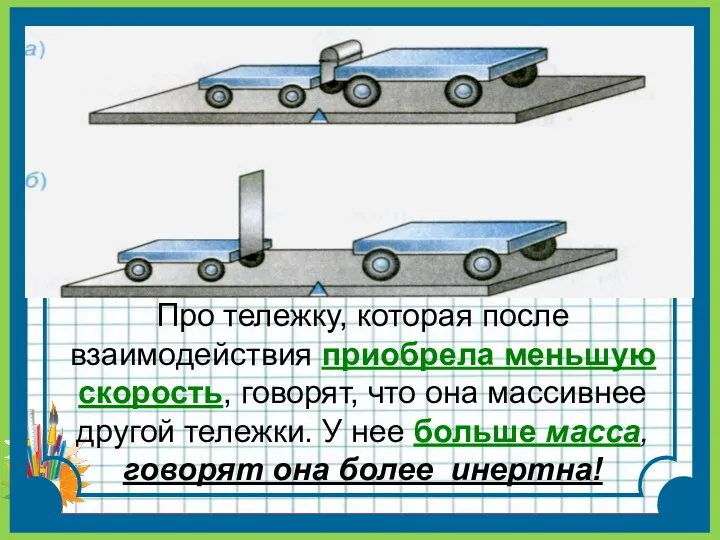 Про тележку, которая после взаимодействия приобрела меньшую скорость, говорят, что