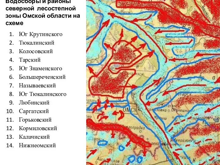 Водосборы и районы северной лесостепной зоны Омской области на схеме