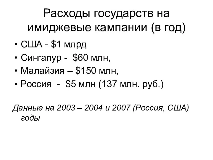 Расходы государств на имиджевые кампании (в год) США - $1