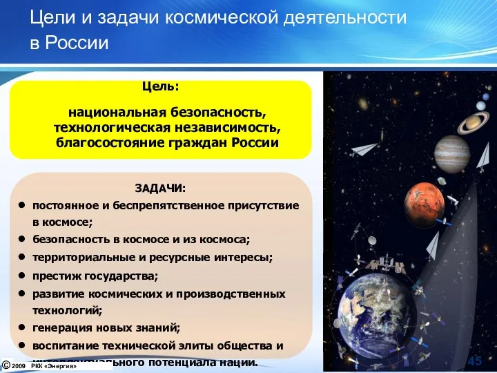 Цели и задачи космической деятельности в России ЗАДАЧИ: постоянное и беспрепятственное присутствие в