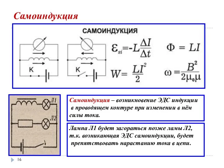 Самоиндукция Самоиндукция – возникновение ЭДС индукции в проводящем контуре при