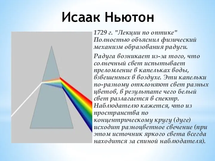 Исаак Ньютон 1729 г. "Лекции по оптике" Полностью объяснил физический