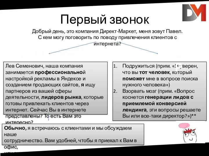 Первый звонок Подружиться (прим. «Я уверен, что вы тот человек,