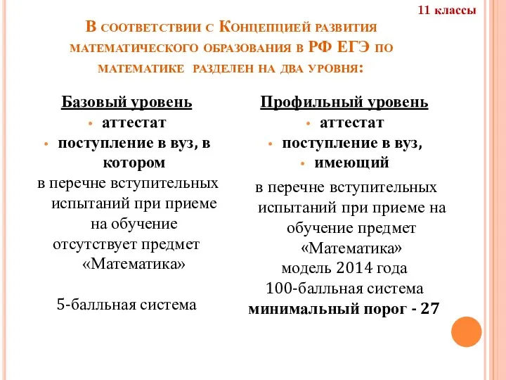 В соответствии с Концепцией развития математического образования в РФ ЕГЭ