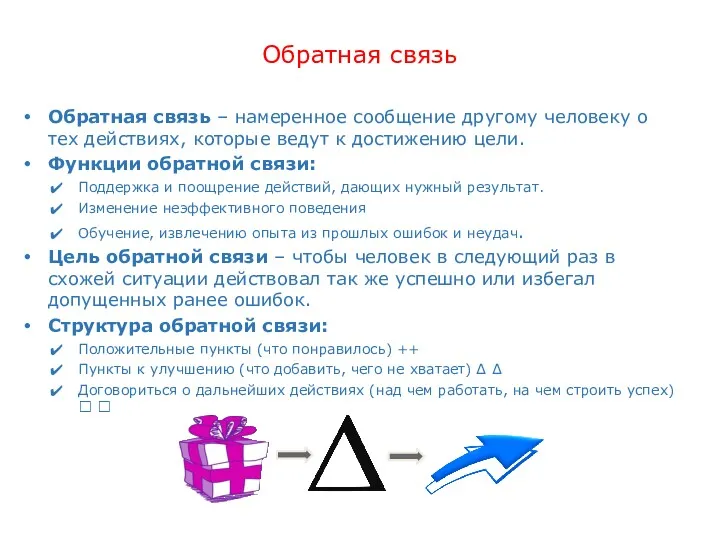 Обратная связь Обратная связь – намеренное сообщение другому человеку о