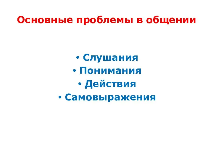 Основные проблемы в общении Слушания Понимания Действия Самовыражения