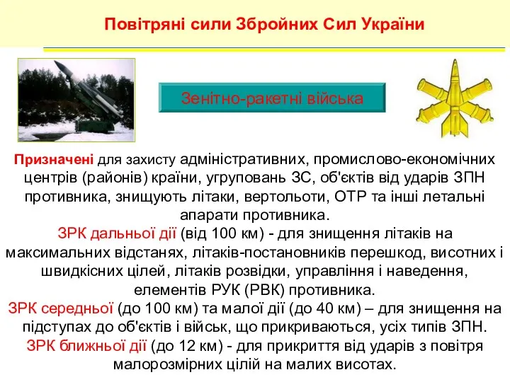 Зенітно-ракетні війська Повітряні сили Збройних Сил України Призначені для захисту адміністративних, промислово-економічних центрів