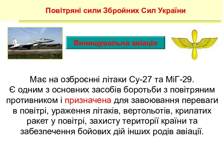 Винищувальна авіація Повітряні сили Збройних Сил України Має на озброєнні літаки Су-27 та