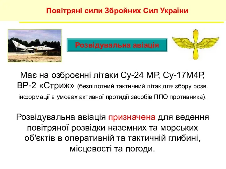 Розвідувальна авіація Повітряні сили Збройних Сил України Має на озброєнні літаки Су-24 МР,