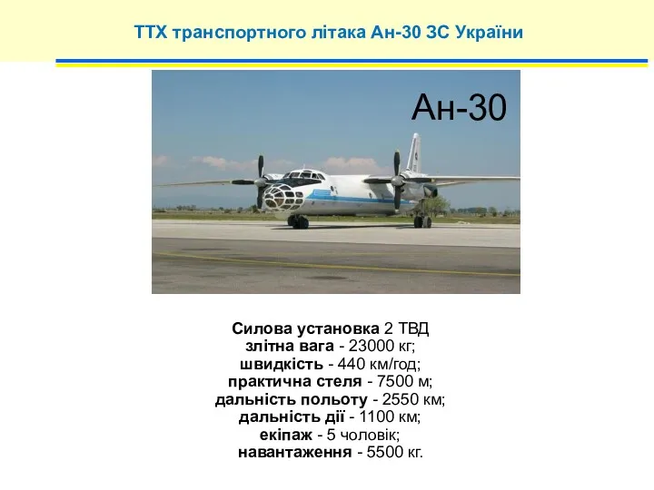 ТТХ транспортного літака Ан-30 ЗС України Силова установка 2 ТВД злітна вага -