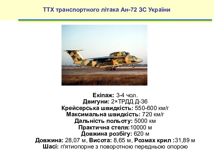ТТХ транспортного літака Ан-72 ЗС України Екіпаж: 3-4 чол. Двигуни: 2×ТРДД Д-36 Крейсерська