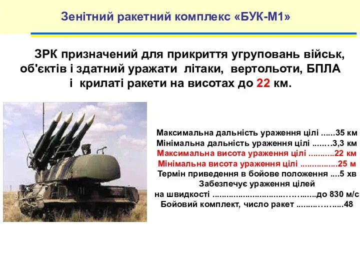 Зенітний ракетний комплекс «БУК-М1» ЗРК призначений для прикриття угруповань військ, об'єктів і здатний