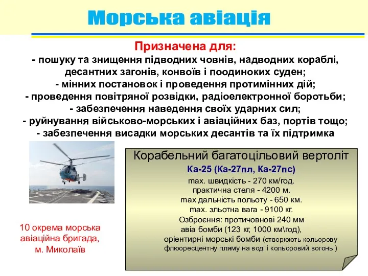 Морська авіація Корабельний багатоцільовий вертоліт Ка-25 (Ка-27пл, Ка-27пс) max. швидкість - 270 км/год.